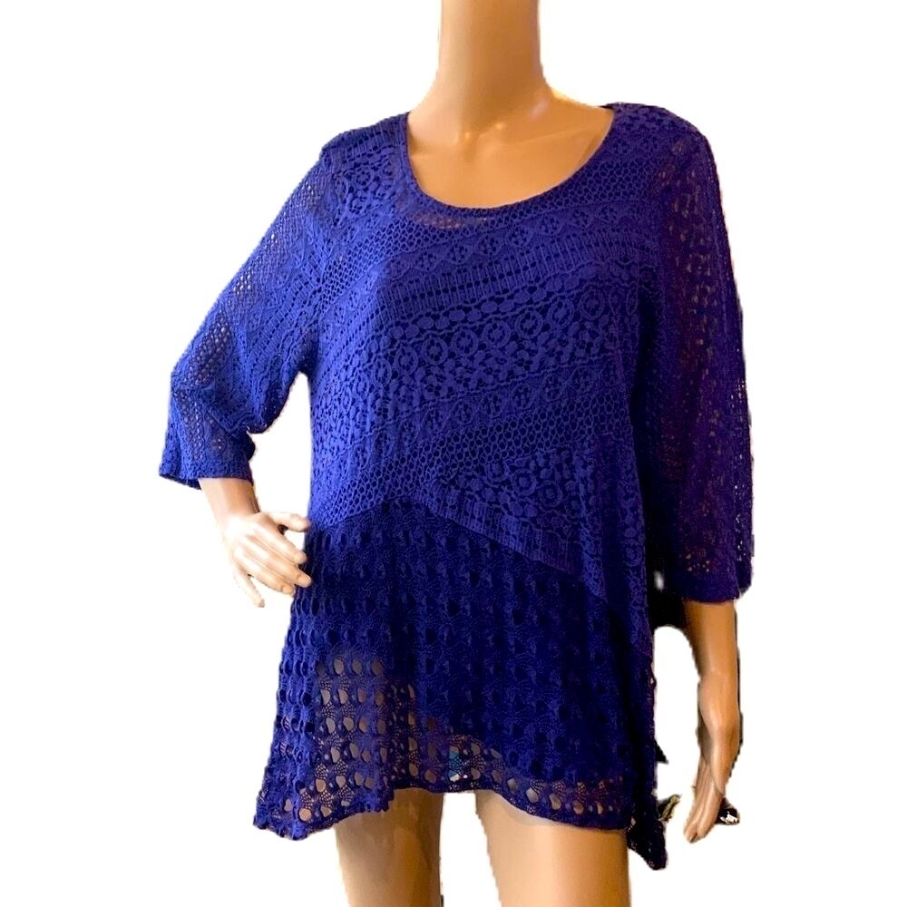 JM Collection Blue Patchwork Lace‎  Scoop Neck 3/4 Sleeve Asymmetrical Tunic XL